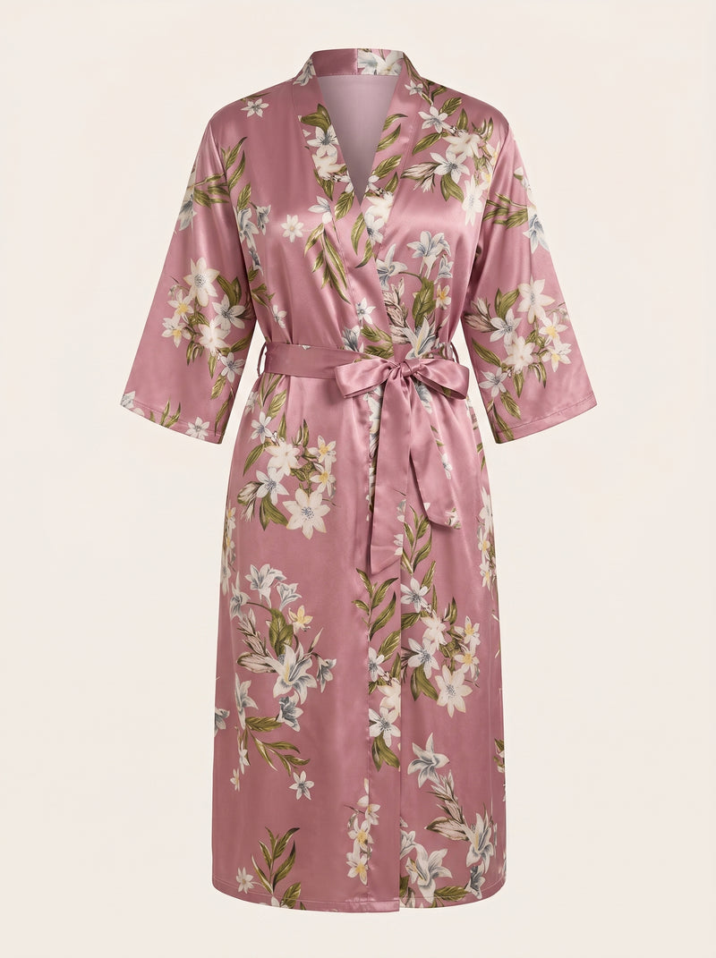 Elegant Floral Pink Satin Kimono Robe with Tie Belt