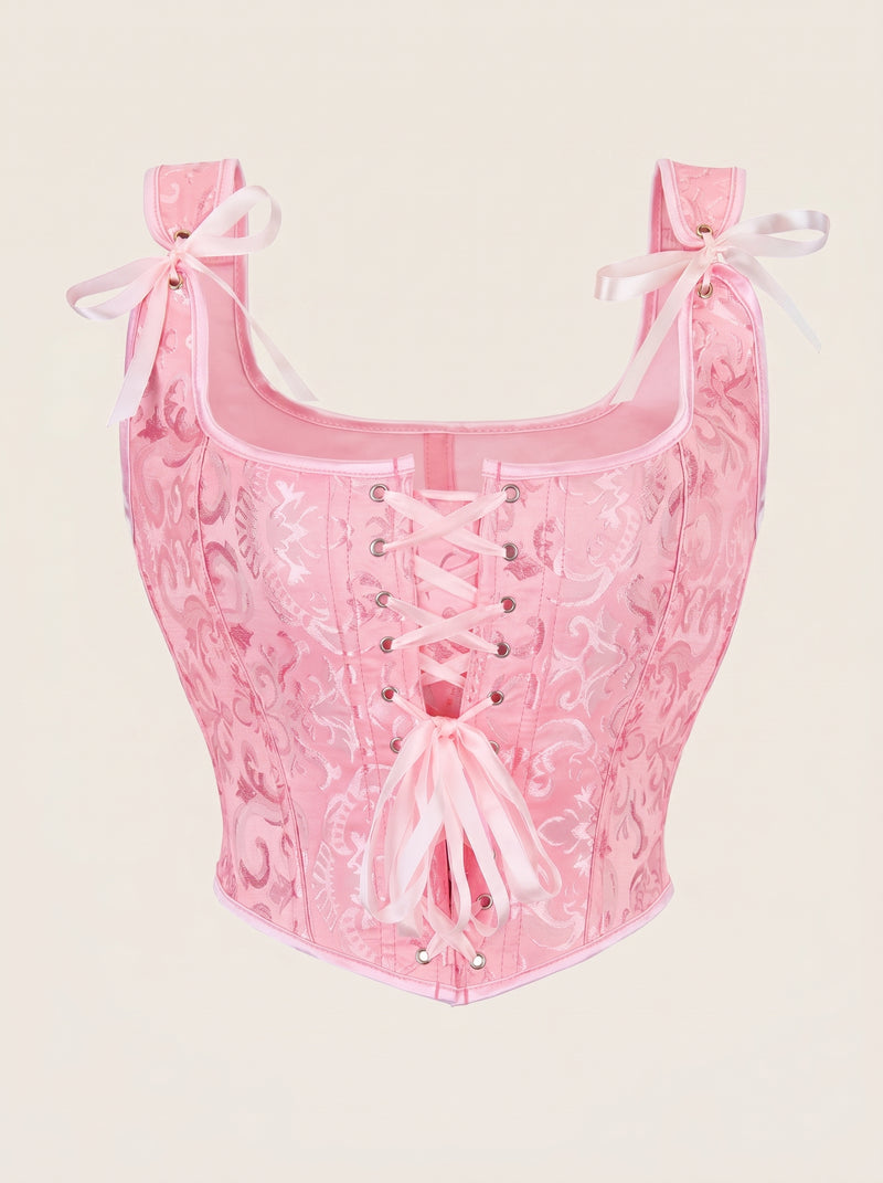 Corsetto elegante rosa chiaro in pizzo con dettagli con stringhe