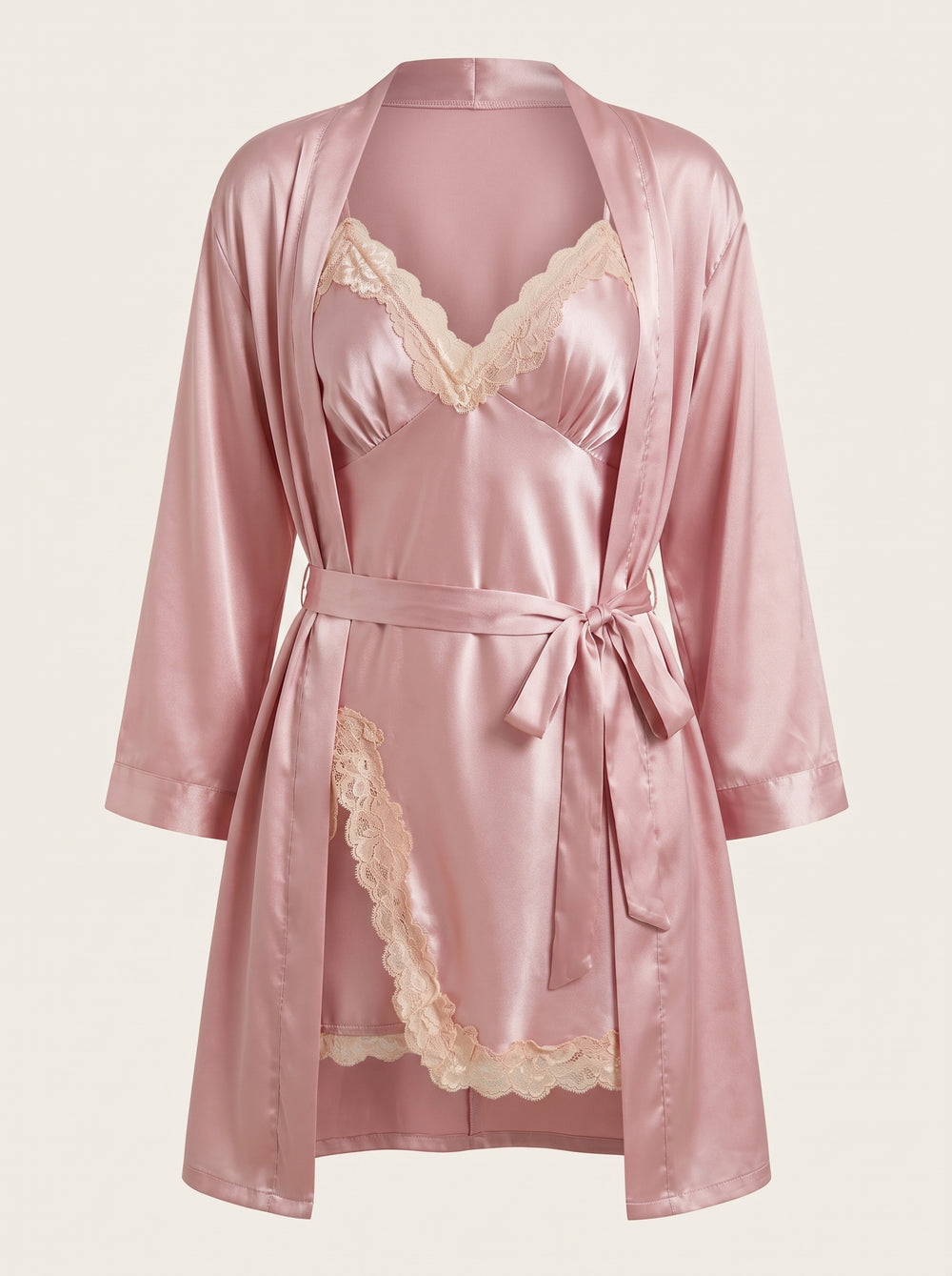 Elegant Pink Satin Robe and Nightgown Set with Lace Trim