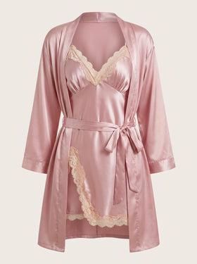 Elegant Pink Satin Kimono Robe with Lace Trim and Tie-Kimono Robe-Bellascena-Pink-S-bellascena