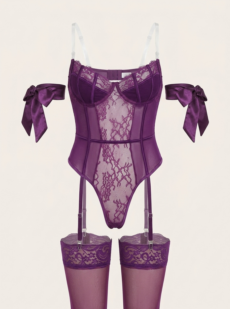 Elegant Purple Lace Bodysuit with Bow Detail and Garter Straps