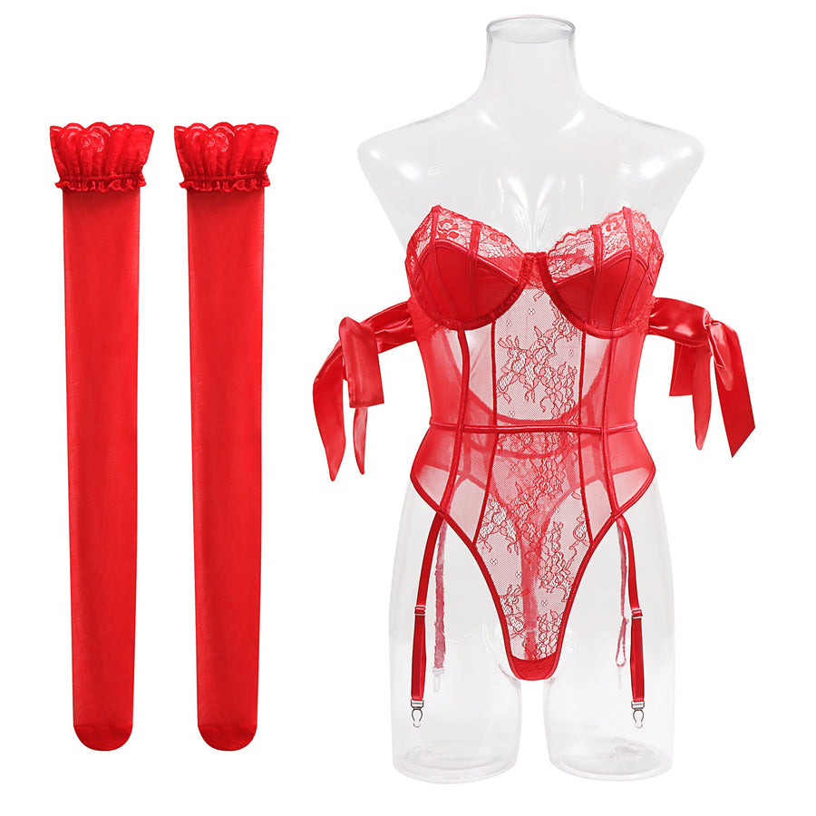 Elegant Purple Lace Bodysuit with Bow Detail and Garter Straps-Bodysuit-Bellascena-Red-S-bellascena