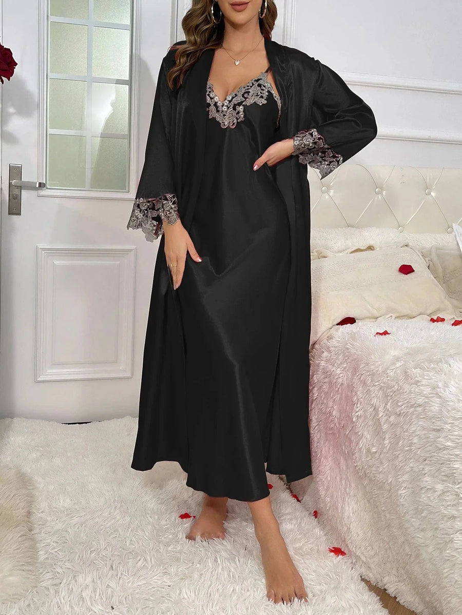 Elegant Red Satin Kimono Robe with Lace Trim-Kimono Robe-Bellascena-bellascena