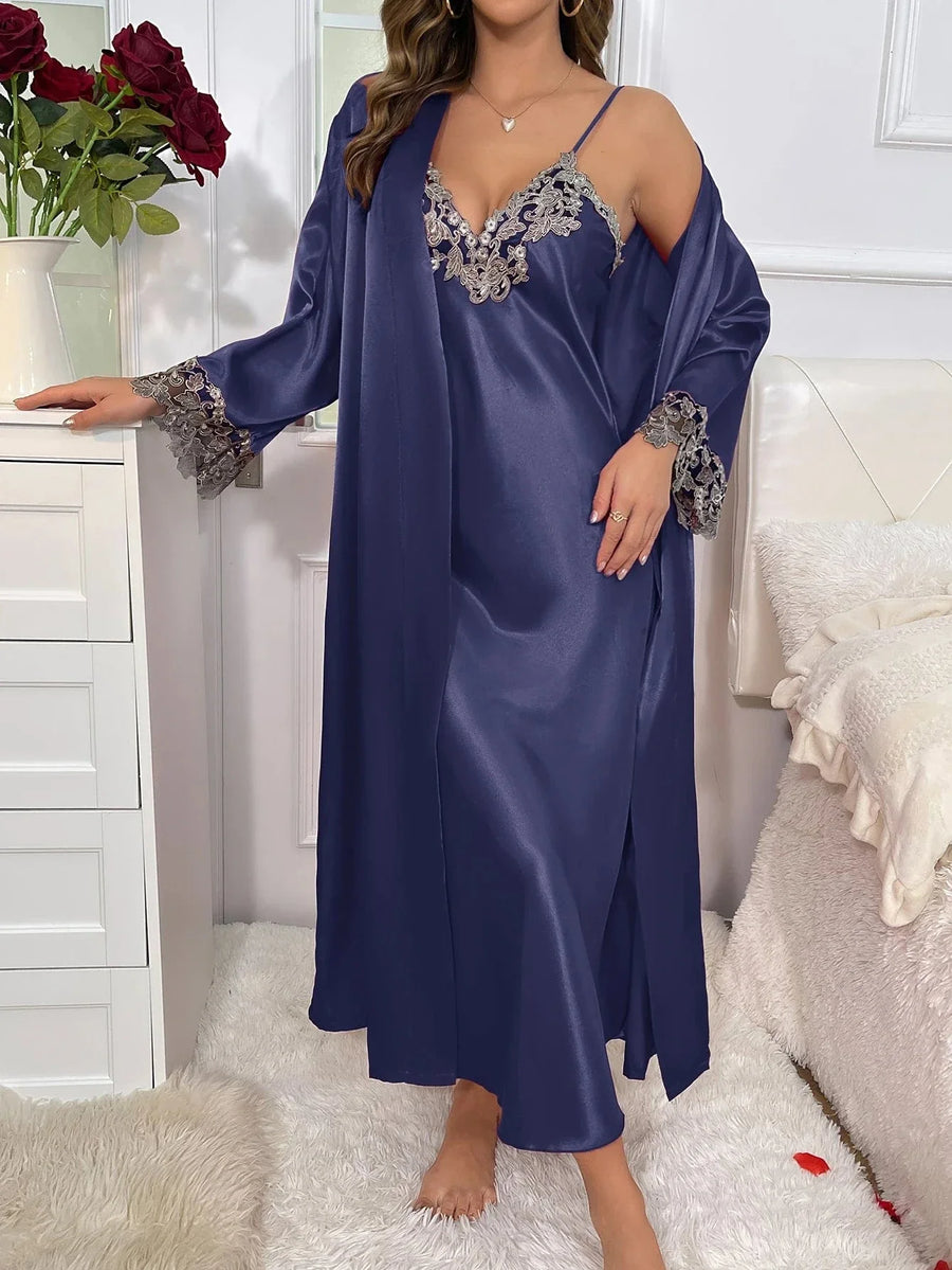 Elegant Red Satin Kimono Robe with Lace Trim-Kimono Robe-Bellascena-Navy Blue-S-bellascena