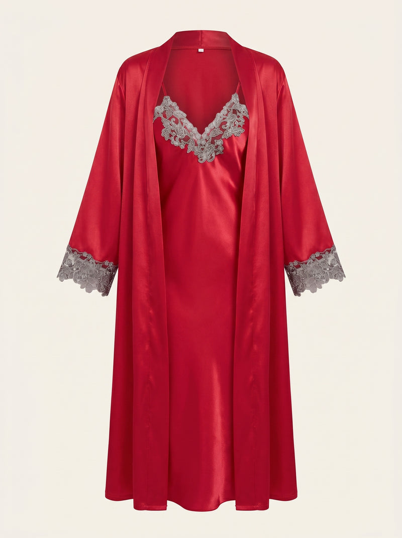 Elegant Red Satin Kimono Robe with Lace Trim