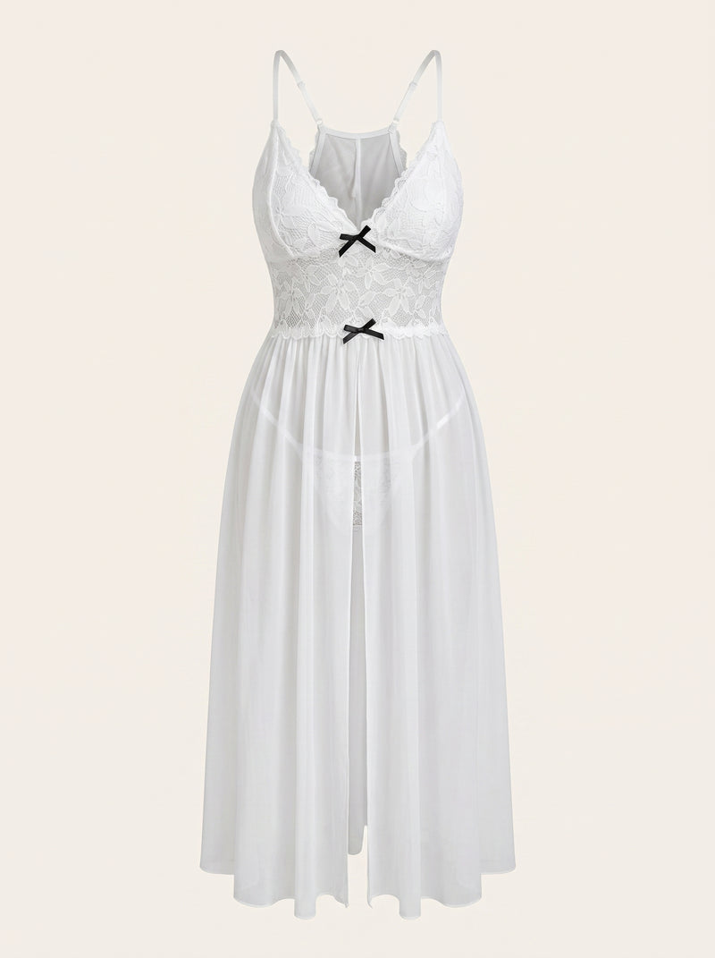 Elegant Solid White Mesh Lace Dress with Strappy High Slit