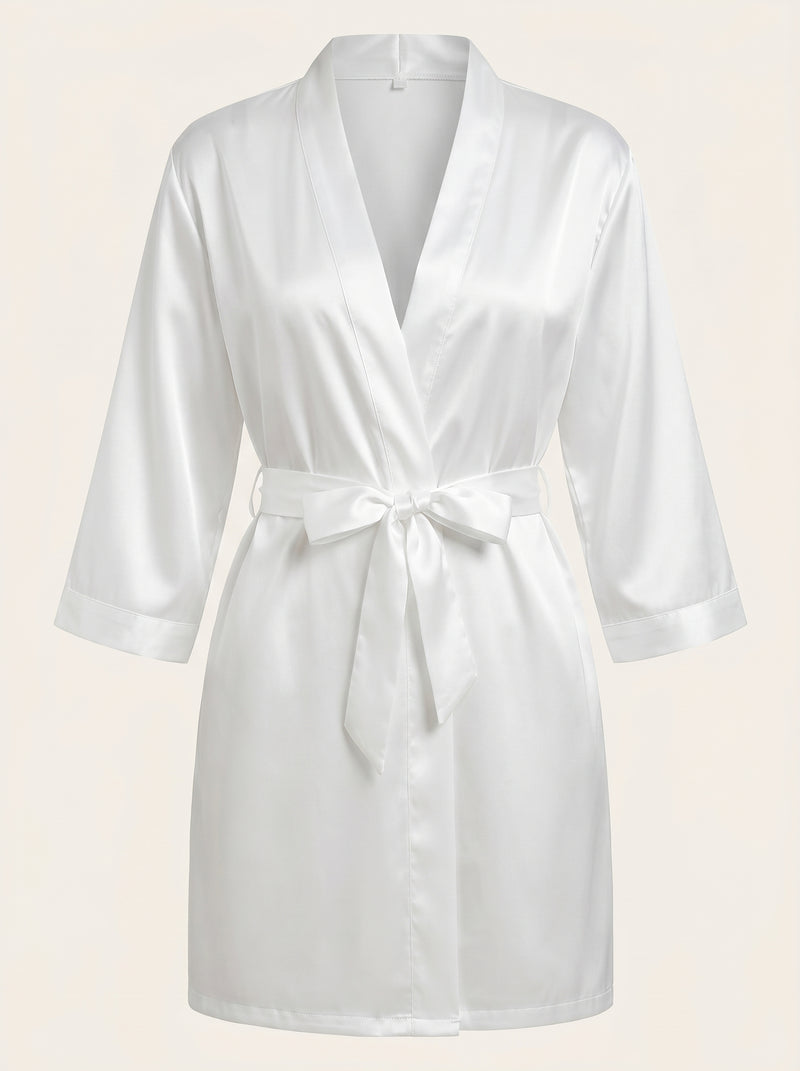 Elegant White Satin Kimono Robe with Tie Belt