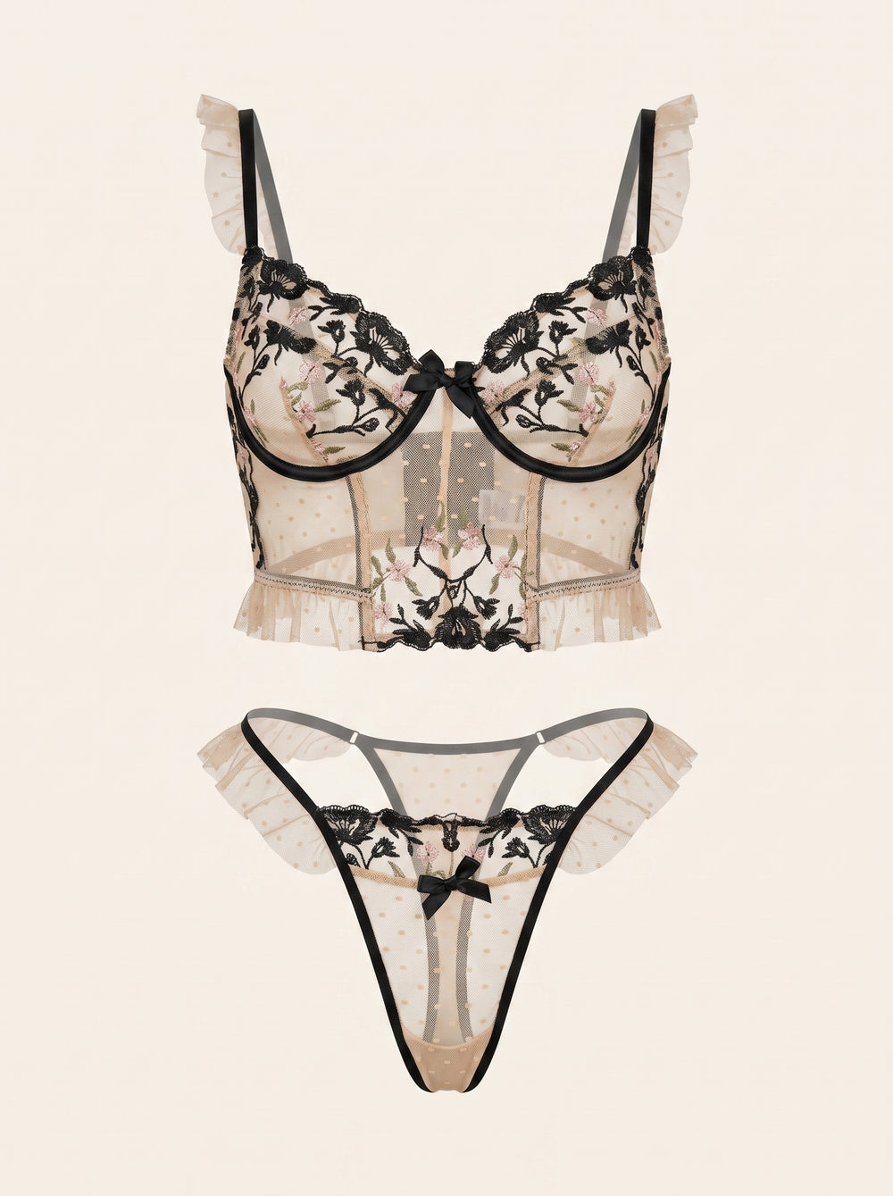 Embroidered Floral Black Mesh Lingerie Set with Strappy Details