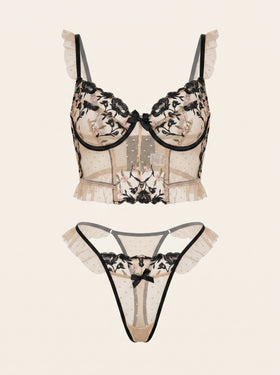 Embroidered Floral Black Mesh Lingerie Set with Strappy Details-Corset-Bellascena-Black-S-bellascena