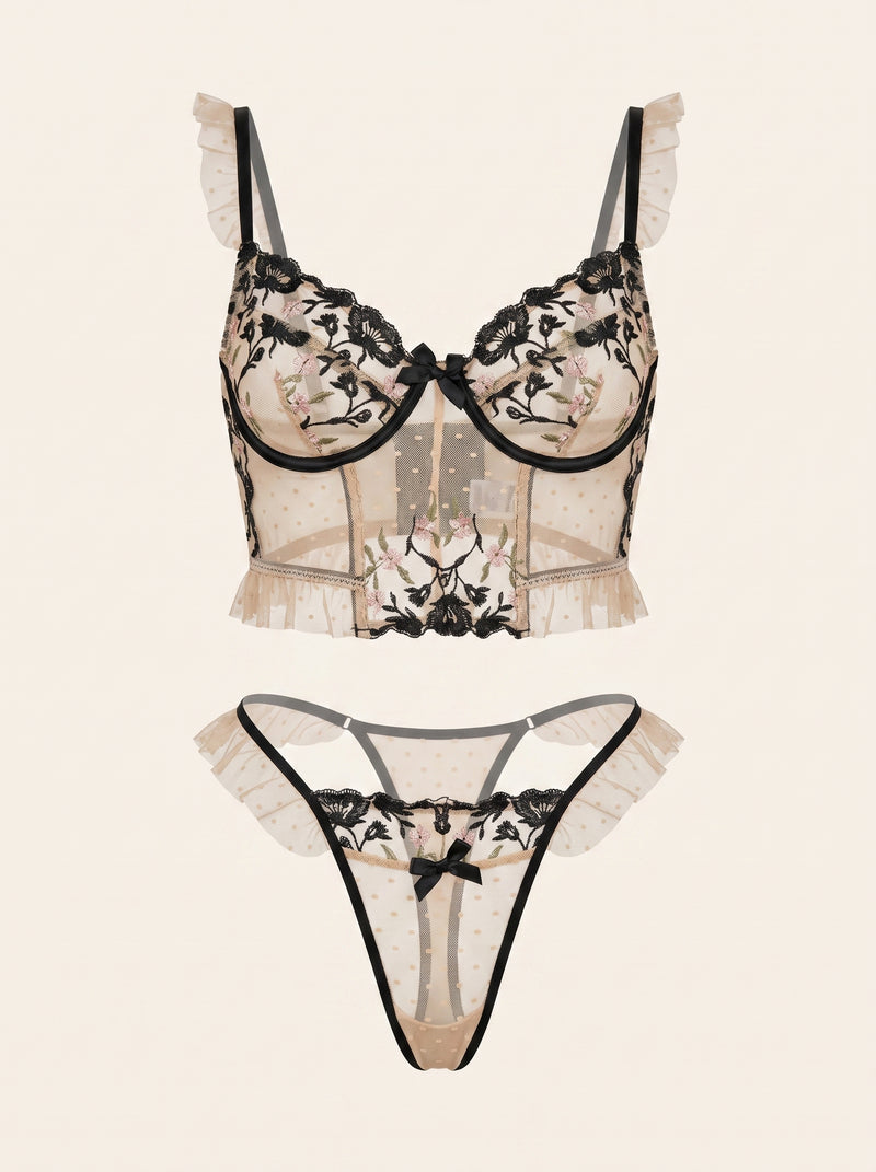 Embroidered Floral Black Mesh Lingerie Set with Strappy Details