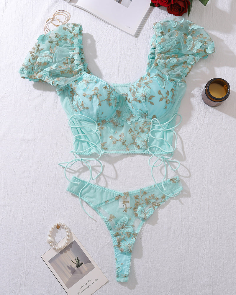 Embroidered Floral Pink Mesh 2 Piece Lingerie Set with Strappy Detail-Corset-Bellascena-Light Green-S-bellascena