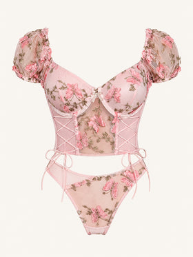 Embroidered Floral Pink Mesh 2 Piece Lingerie Set with Strappy Detail-Corset-Bellascena-Pink-S-bellascena