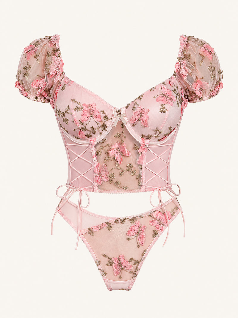 Embroidered Floral Pink Mesh 2 Piece Lingerie Set with Strappy Detail