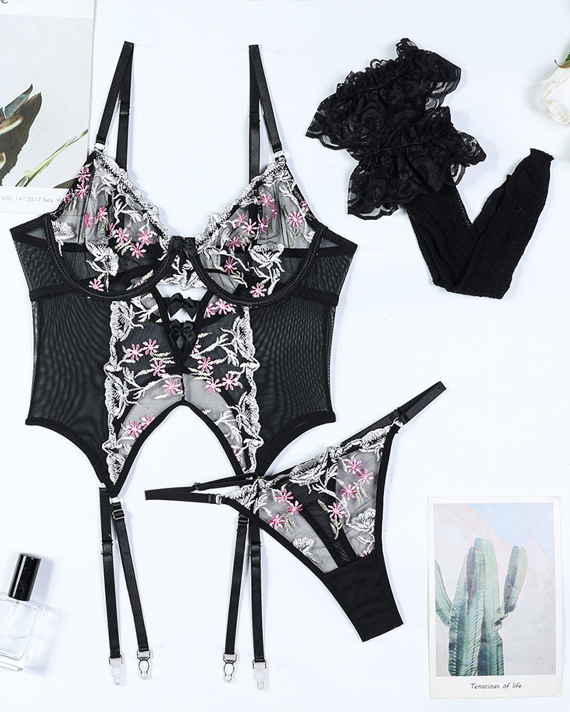 Embroidered Floral Pink Mesh Lingerie Set with Strappy Detail-Corset-Bellascena-bellascena