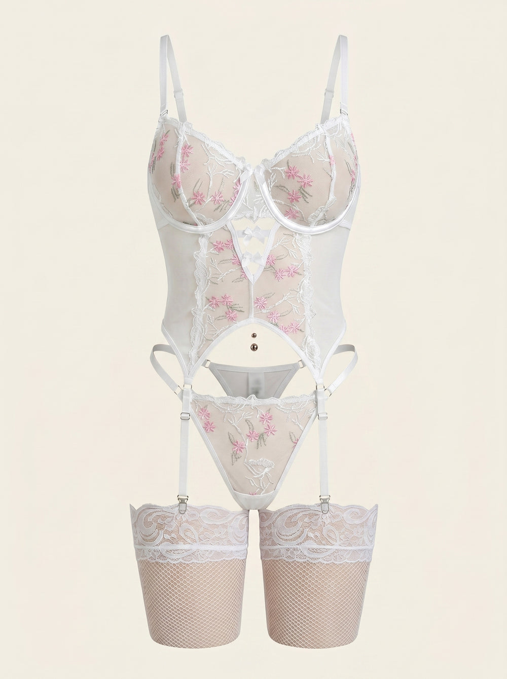 Embroidered Floral Pink Mesh Lingerie Set with Strappy Detail