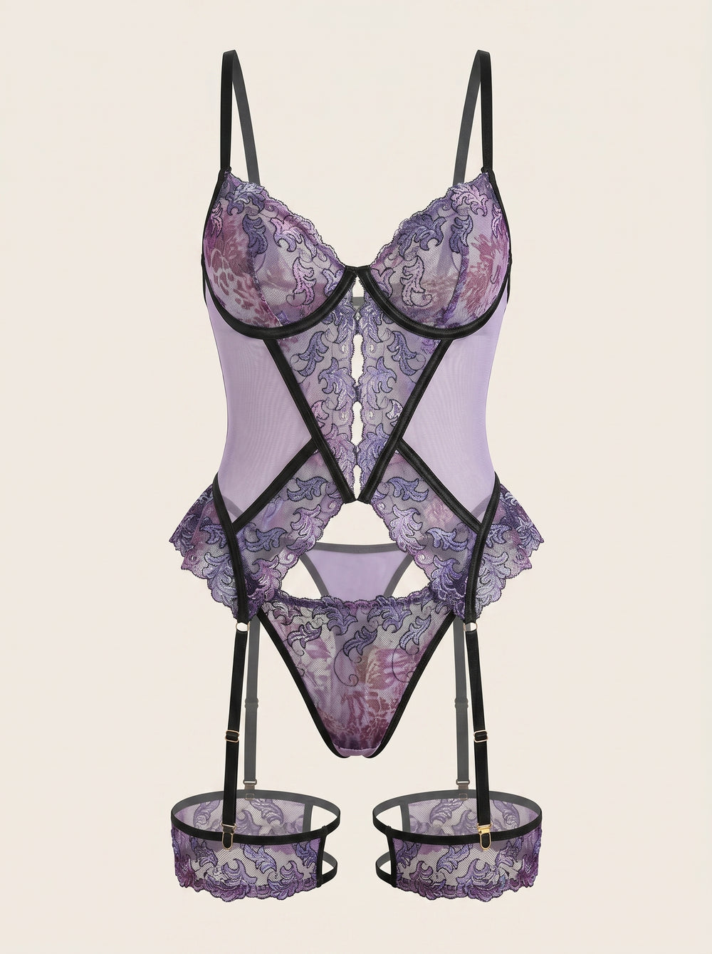 Embroidered Floral Purple Mesh Corset Set with Sheer Cutouts