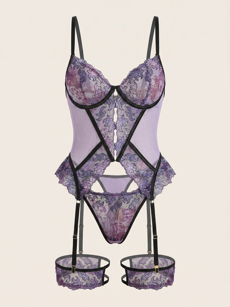 Embroidered Floral Purple Mesh Corset Set with Sheer Cutouts