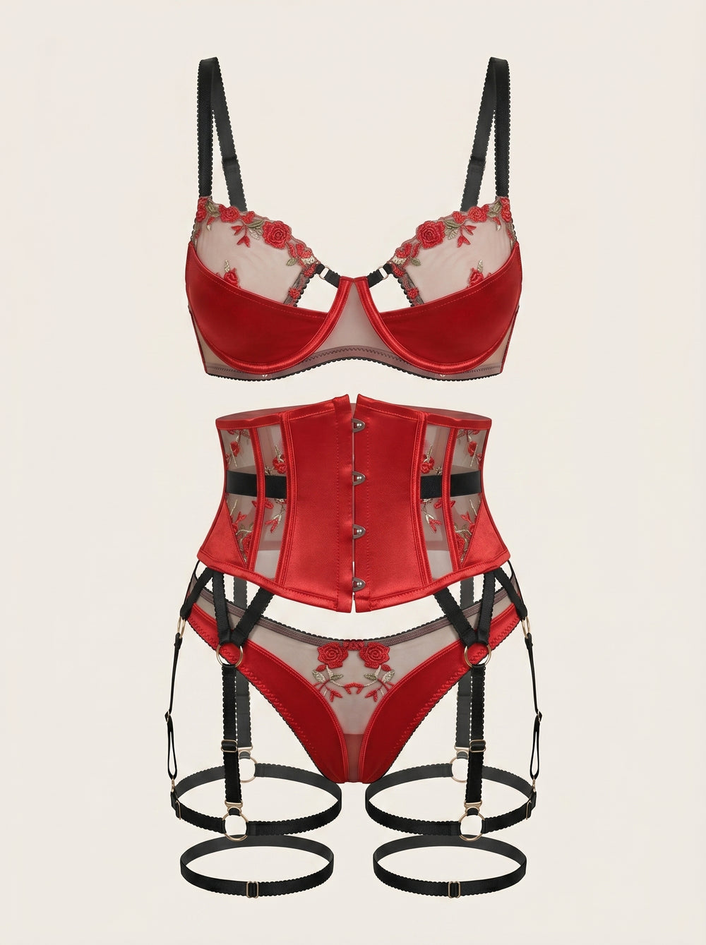 Embroidered Floral Red Mesh Lingerie Set with Strappy Details