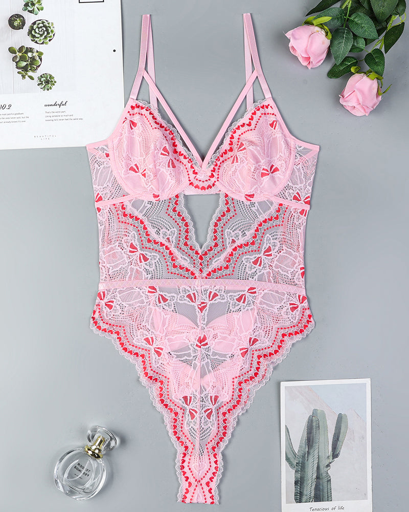 Embroidered Light Pink Lace Bodysuit with Cutout Detail-Bodysuit-Bellascena-bellascena