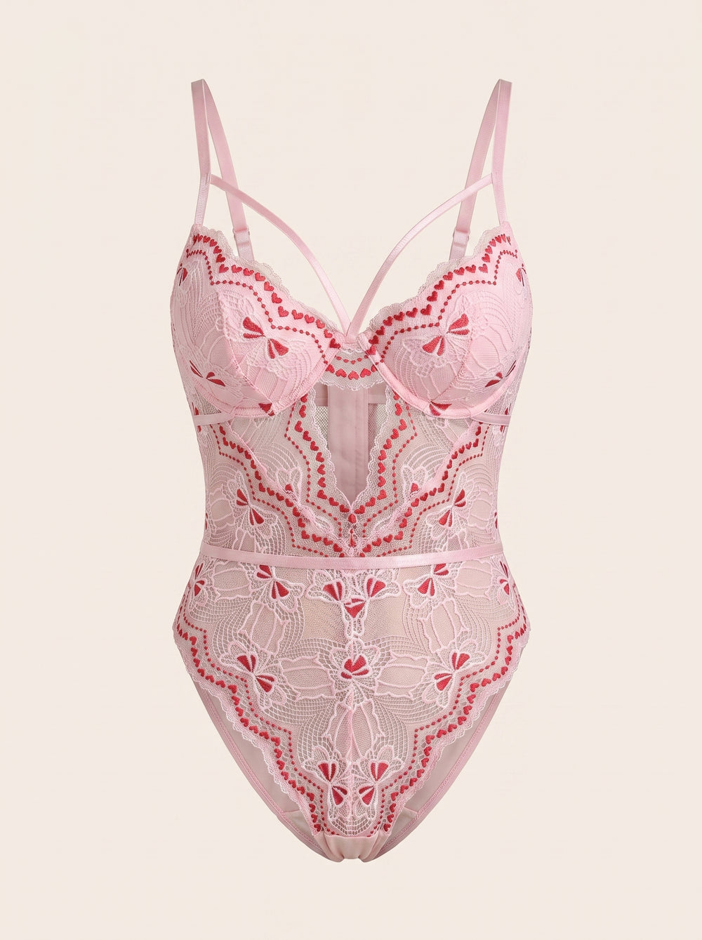 Body in pizzo rosa chiaro ricamato con fiori e dettaglio con apertura