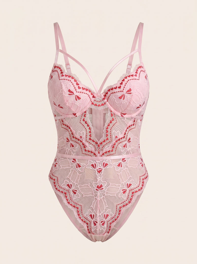 Embroidered Light Pink Lace Bodysuit with Cutout Detail