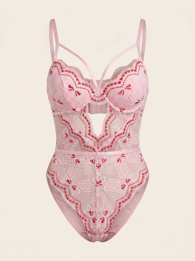 Embroidered Pink Lace Bodysuit with Cutout and Bow Detail