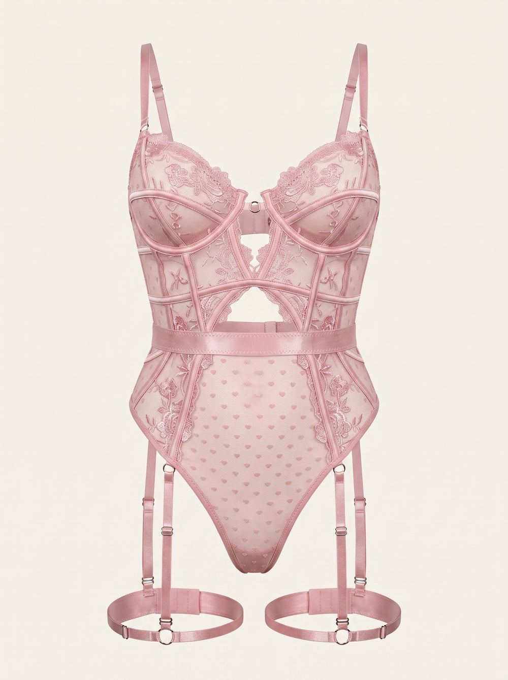 Embroidered Pink Lace Bodysuit with Strappy Cutout Design