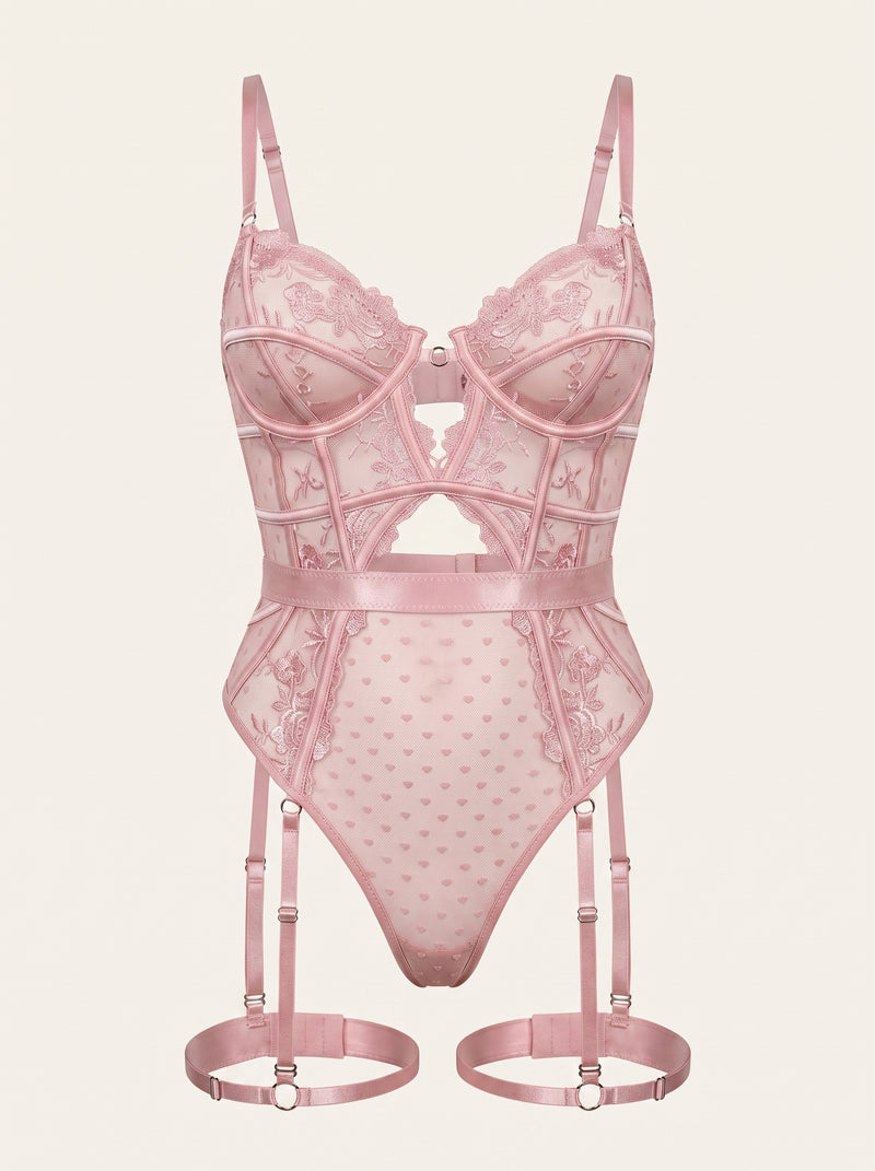 Embroidered Pink Lace Bodysuit with Strappy Cutout Design
