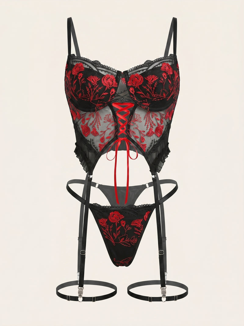 Embroidered Red Floral Mesh Bodysuit with Strappy Cutout Design