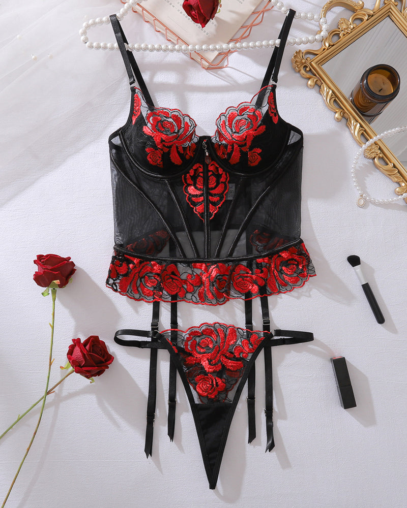 Embroidered Red Floral Mesh Lingerie Set with Strappy Details-Corset-Bellascena-bellascena