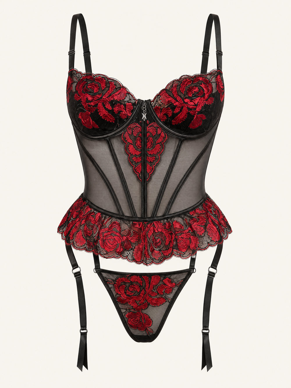 Embroidered Red Floral Mesh Lingerie Set with Strappy Details