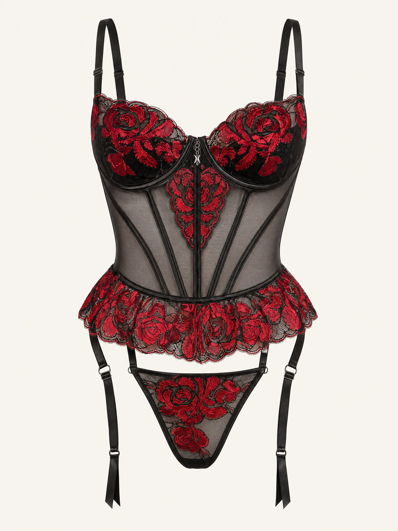 Embroidered Red Floral Mesh Lingerie Set with Strappy Details