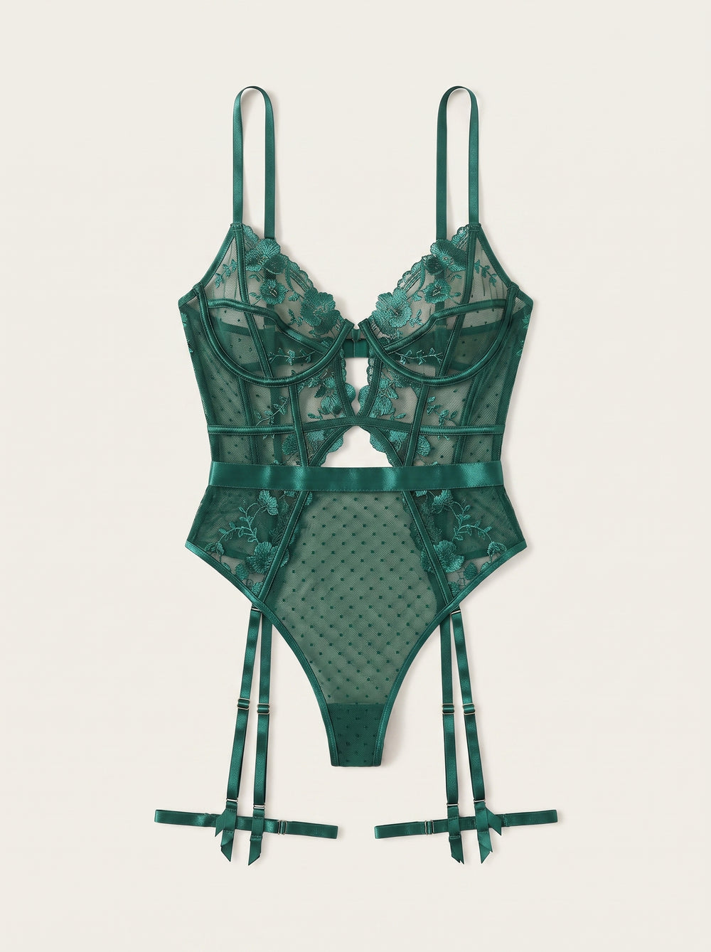 Emerald Floral Mesh Bodysuit with Strappy Cutout Design
