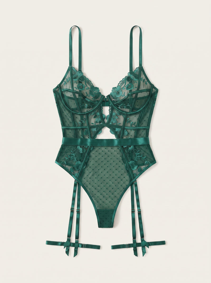 Emerald Floral Mesh Bodysuit with Strappy Cutout Design