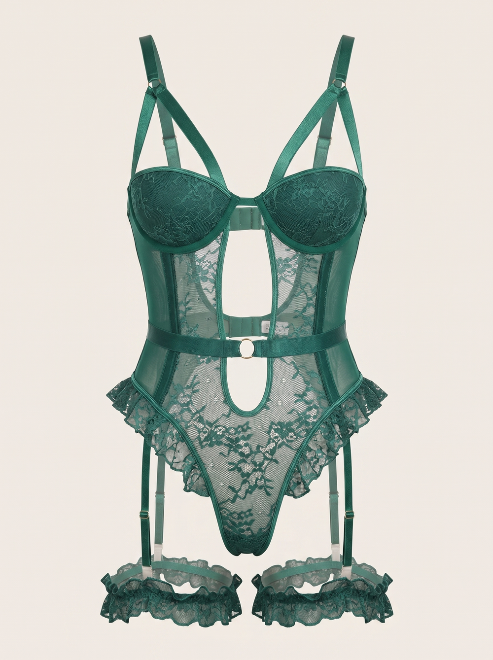 Emerald Green Lace Bodysuit with Strappy Sheer Design