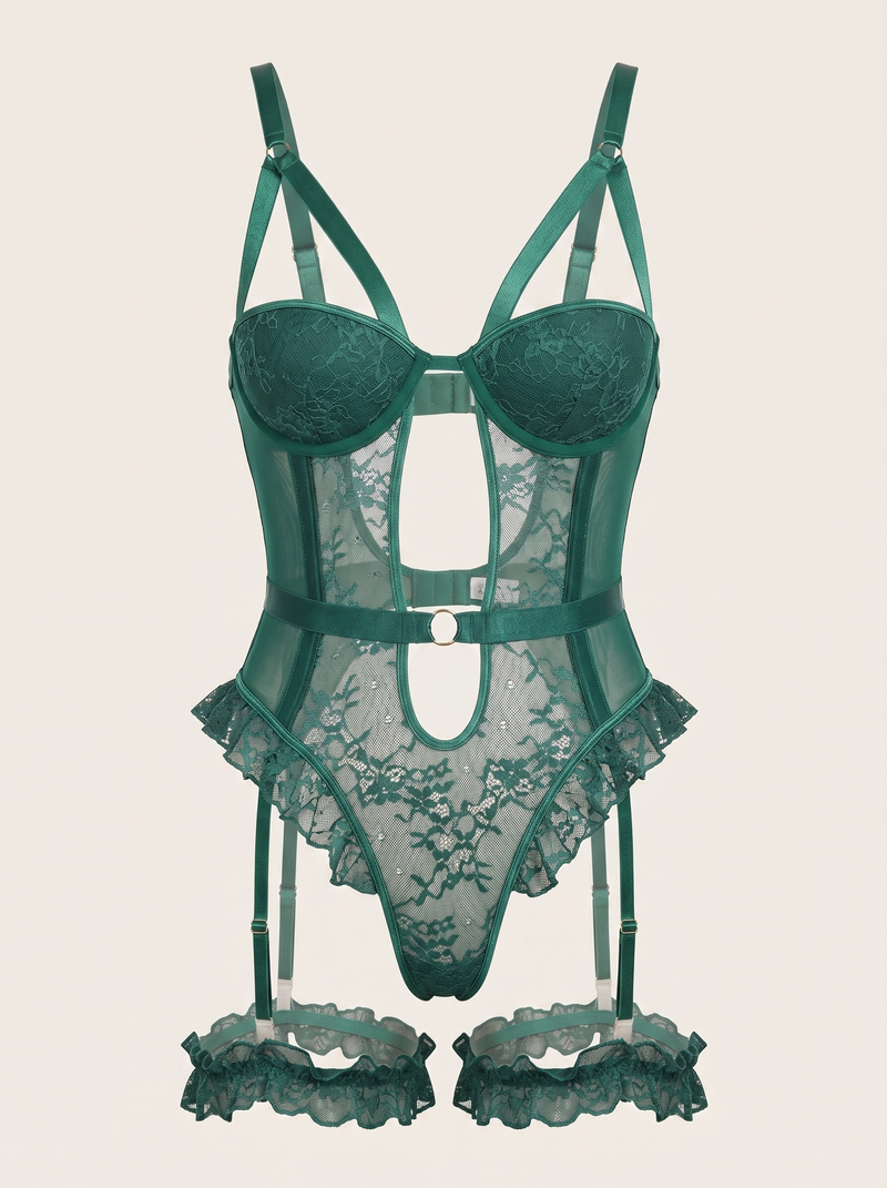 Emerald Green Lace Bodysuit with Strappy Sheer Design