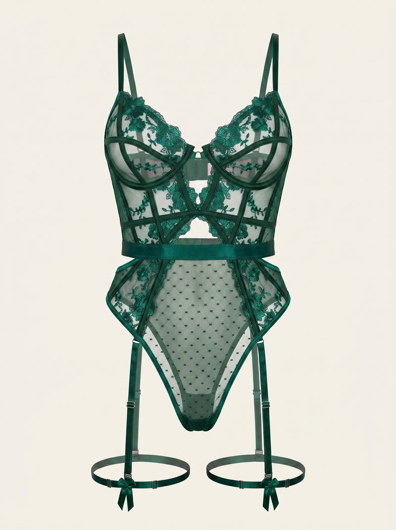 Emerald Green Mesh Bodysuit with Lace Pattern