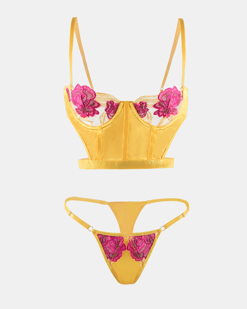 Enchanting Floral Pink Embroidered Mesh Lingerie Set with Strappy Details-Lingerie Set-Bellascena-bellascena