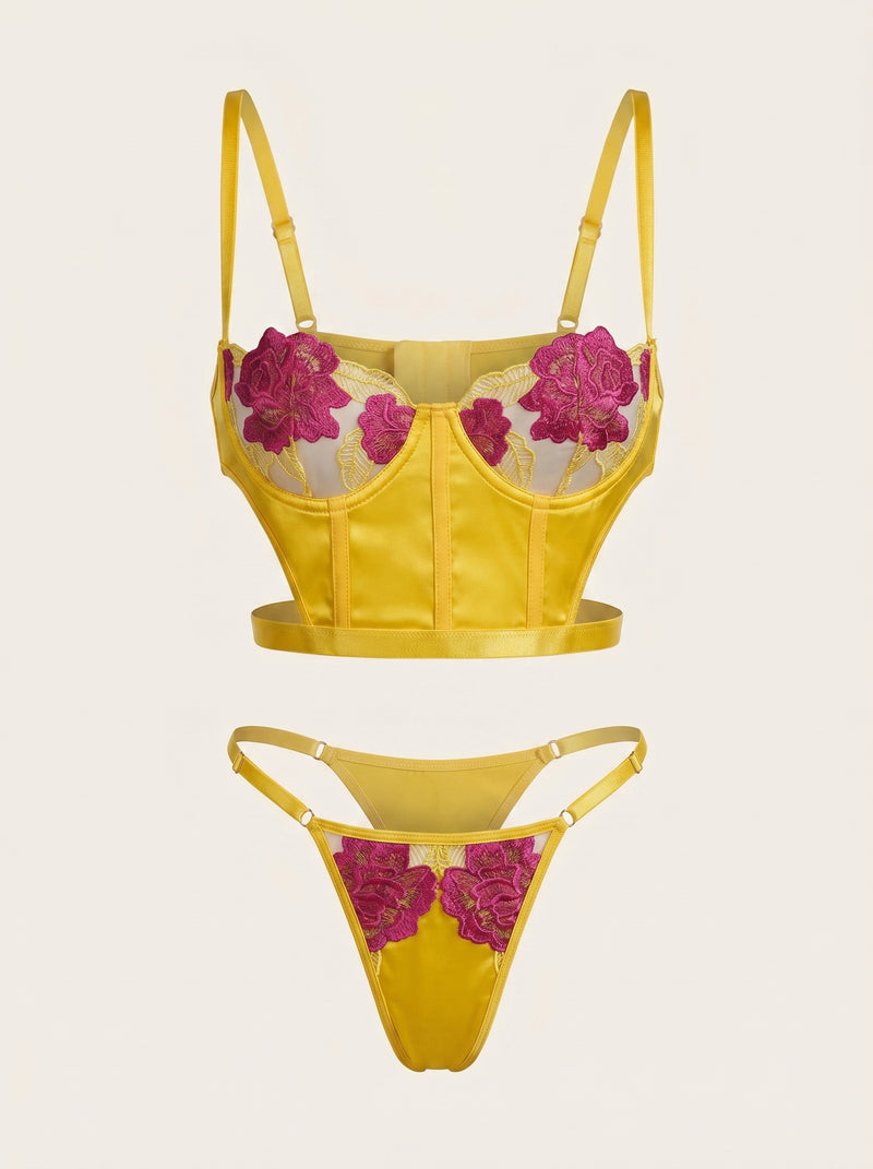 Enchanting Floral Pink Embroidered Mesh Lingerie Set with Strappy Details