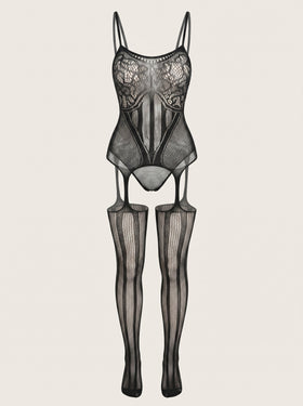 Exquisite Black Fishnet Bodysuit with Strappy Detail-Bodysuit-Bellascena-Black-One Size (Fit 80-145lb)-bellascena