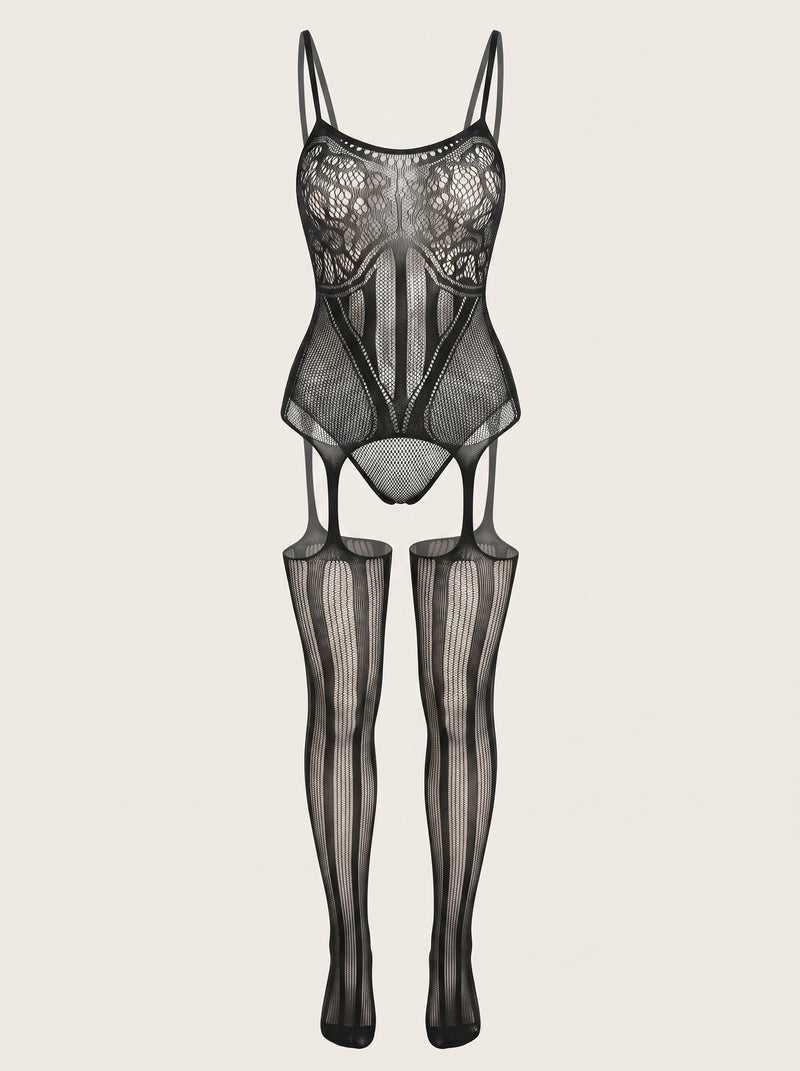 Exquisite Black Fishnet Bodysuit with Strappy Detail