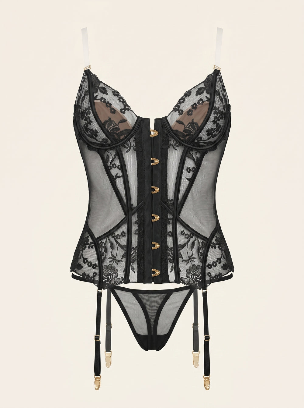 Exquisite Black Floral Embroidered Mesh Lingerie Set with Sheer Elegance