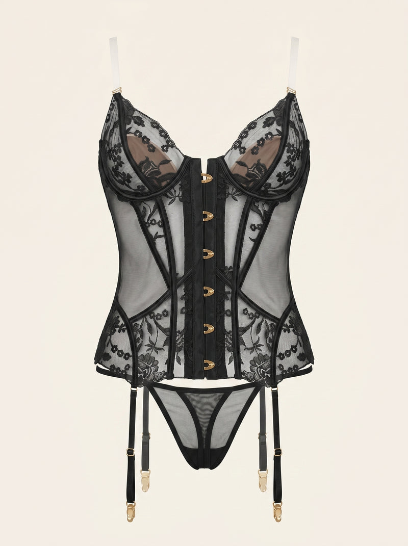 Exquisite Black Floral Embroidered Mesh Lingerie Set with Sheer Elegance