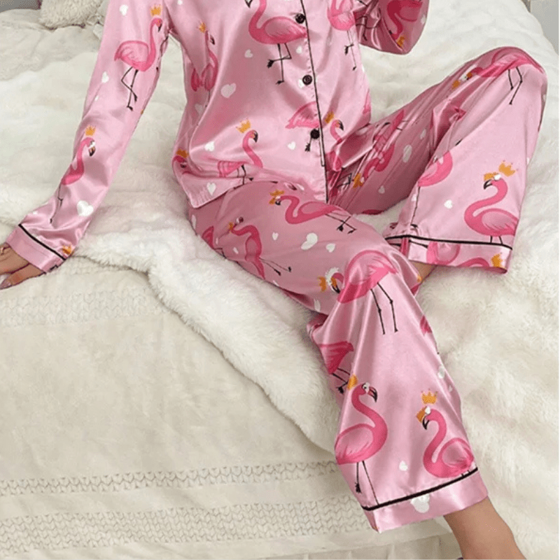 Flamingo Print Satin Pajama Set with Contrast Piping-Pajama Set-Bellascena-bellascena