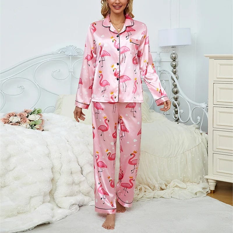 Flamingo Print Satin Pajama Set with Contrast Piping-Pajama Set-Bellascena-bellascena