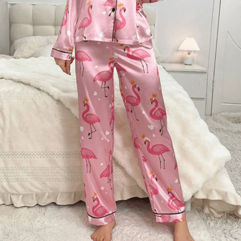 Flamingo Print Satin Pajama Set with Contrast Piping-Pajama Set-Bellascena-bellascena