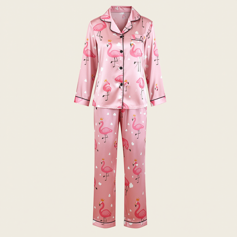 Ensemble de pyjama en satin à imprimé flamants roses avec passepoil contrastant