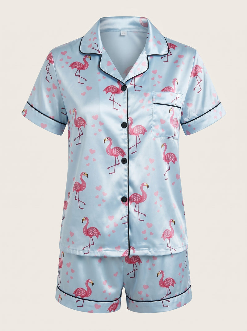Ensemble de pyjama en satin à imprimé flamants roses avec passepoil contrastant