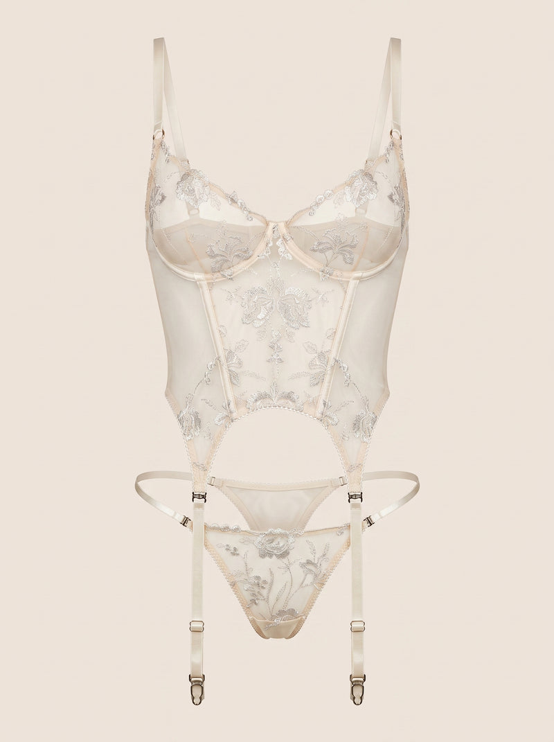 Floral Beige Embroidered Mesh Lingerie Set with Garter Attachments