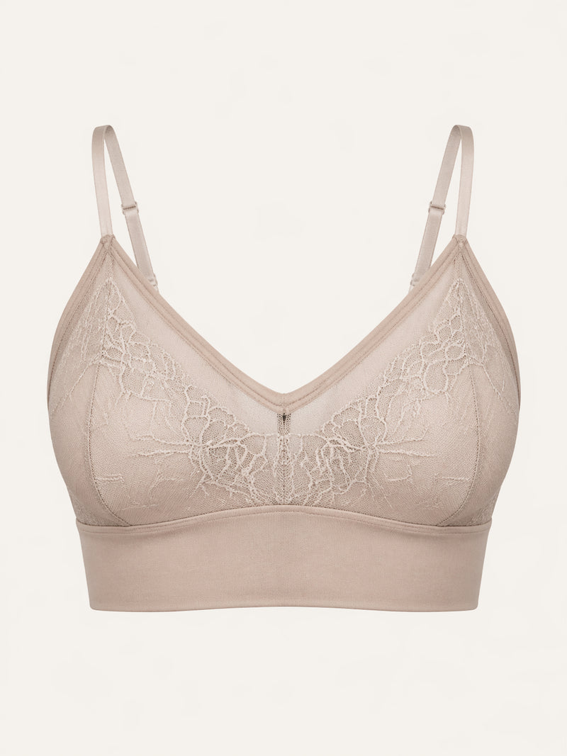 Floral Beige Lace Bra with Adjustable Straps and Sheer Finish